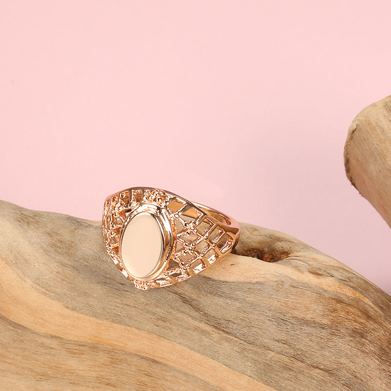 Trendy Copper Plated Real Gold Glossy Oval Fishnet Rose Ring