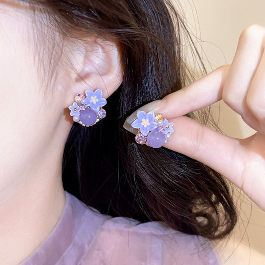 Women's Purple Crystal Flower High-grade Light Luxury Stud Earrings