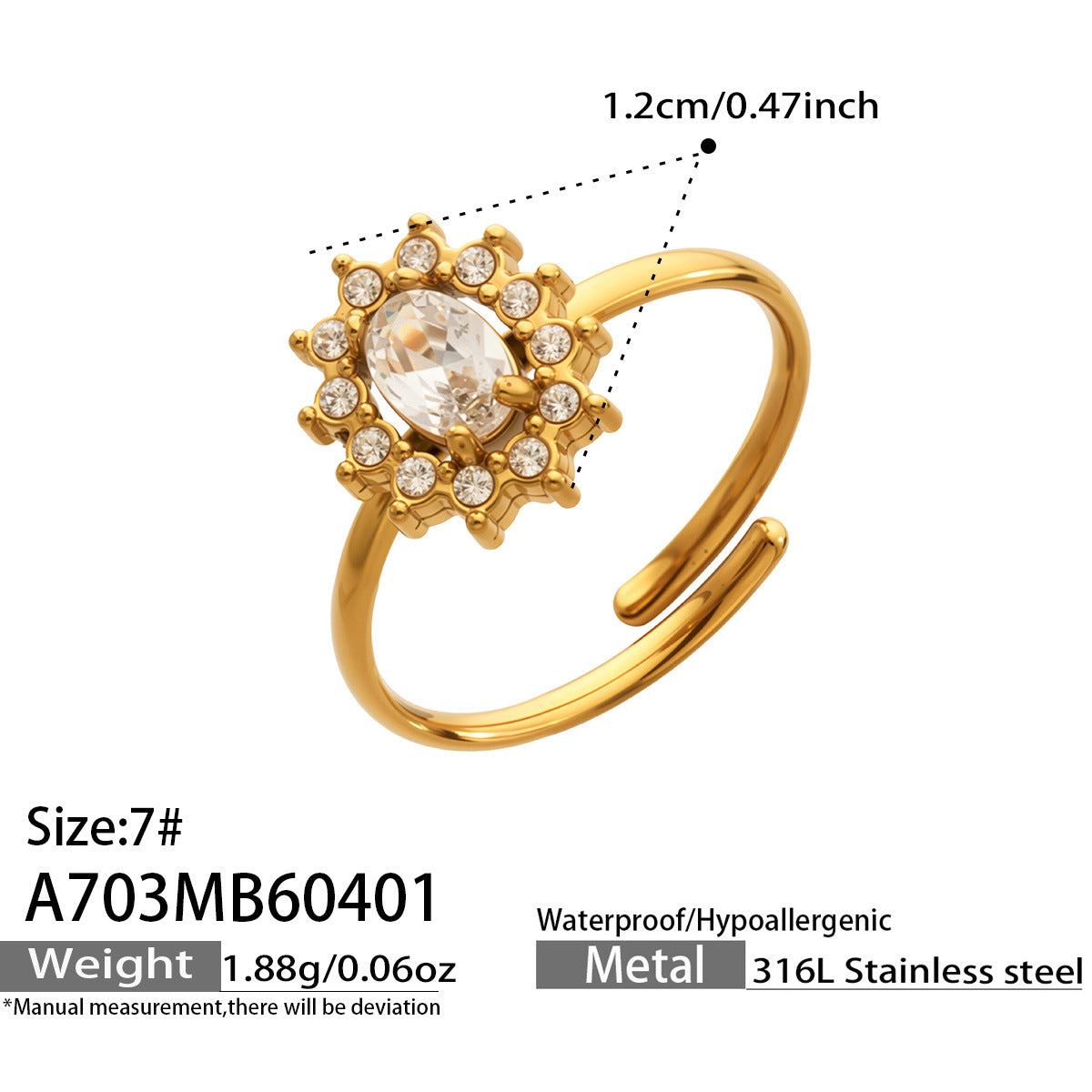 Women's Steel Colored Glass Flower Open Gold Ring