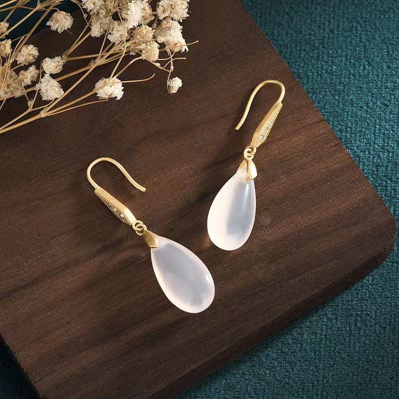 Style Classical Cheongsam Natural Water Drop Chalcedony Agate Stylish Graceful Rings