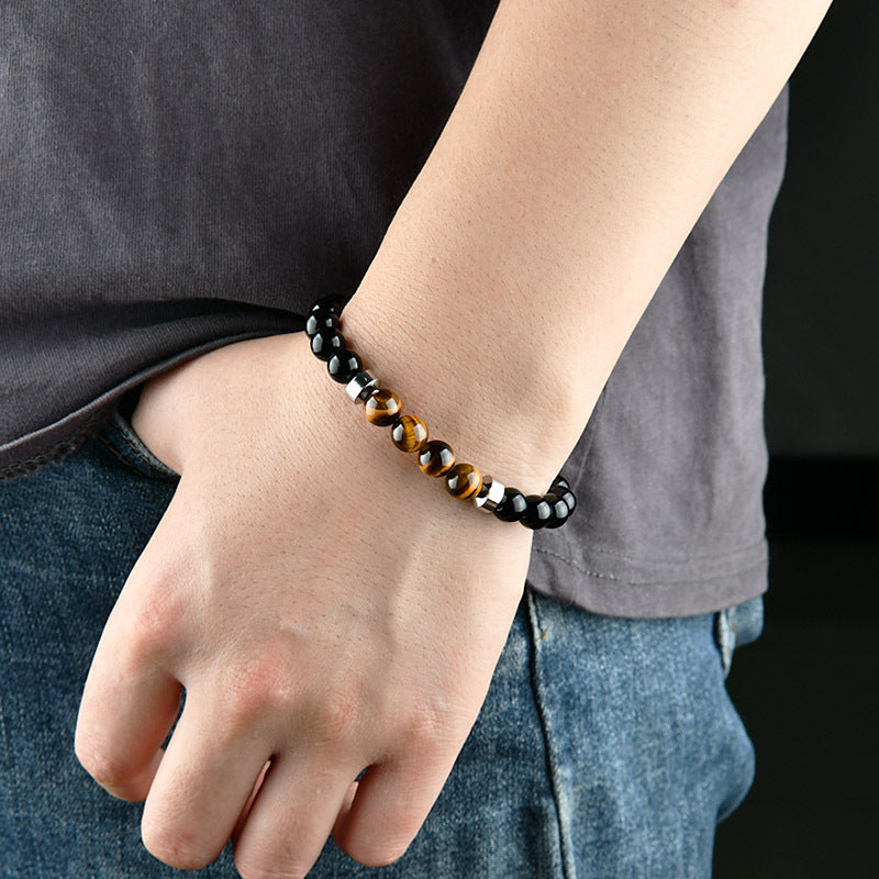 Men's Stainless Steel Tiger Eye String Beads Bracelet