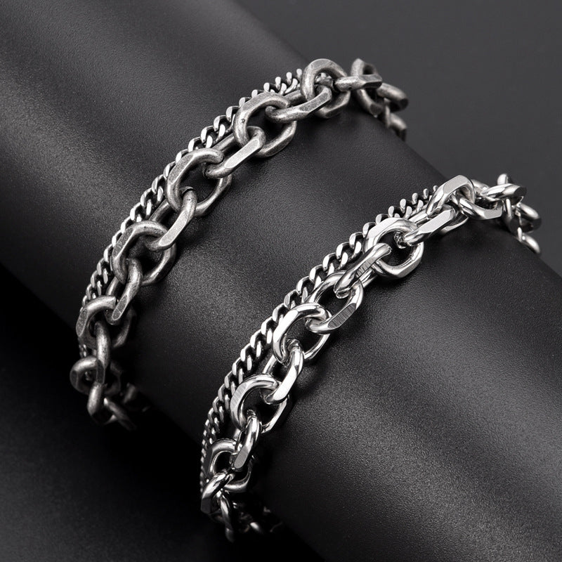 Men's Cold Style Fashion Stainless Steel Buckle Double Layer Hip Hop Bracelet