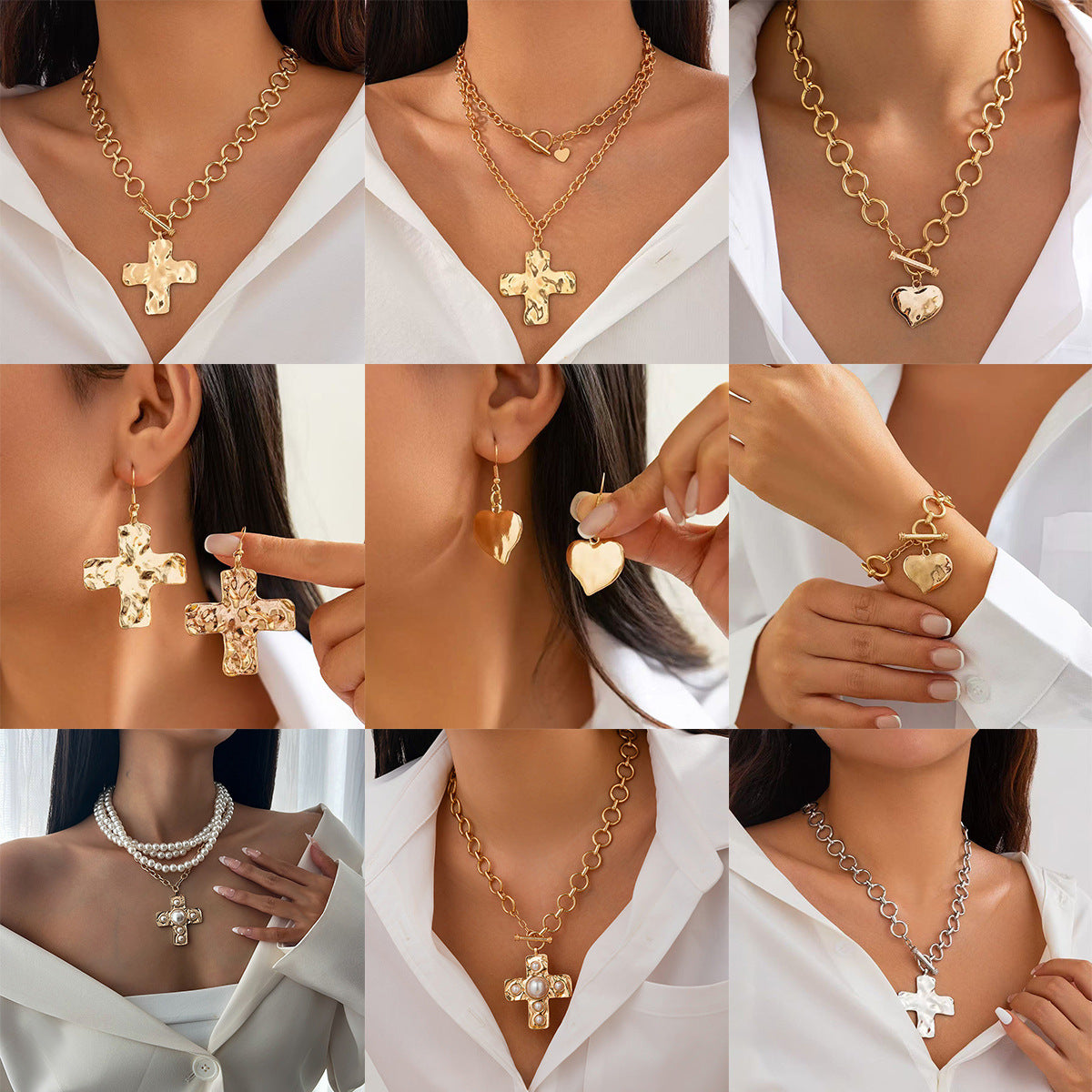 Simple Punk Metal Cross Female Button Chain Necklaces
