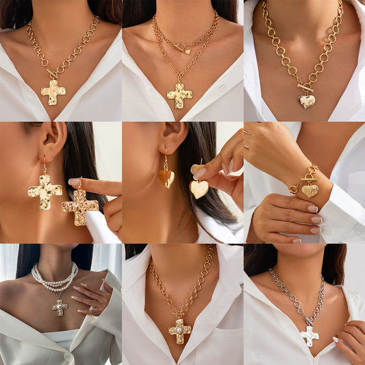 Simple Punk Metal Cross Female Button Chain Necklaces