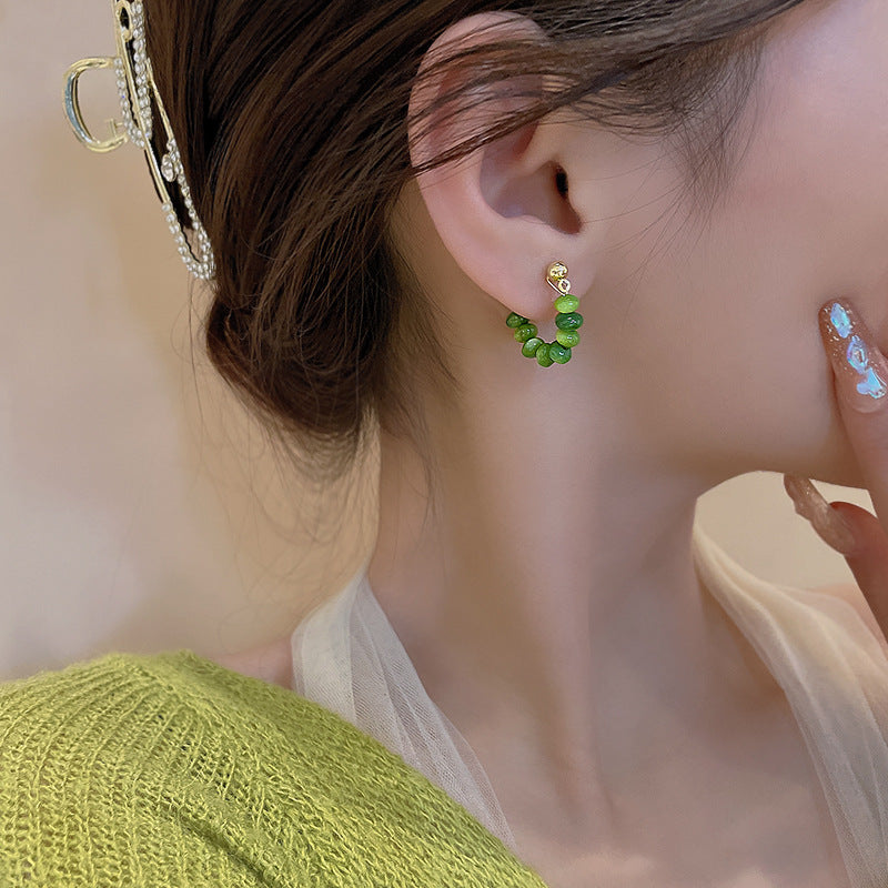 Women's Green Opal Design Sense Niche Ear Clip Earrings