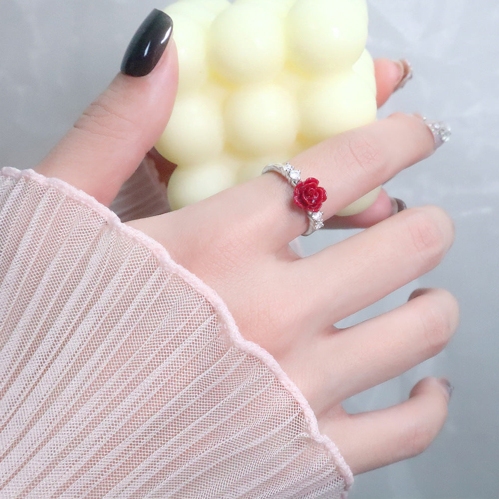 Cinnabar Rose Vintage Camellia Small Flower Index Finger Red Zircon Rings