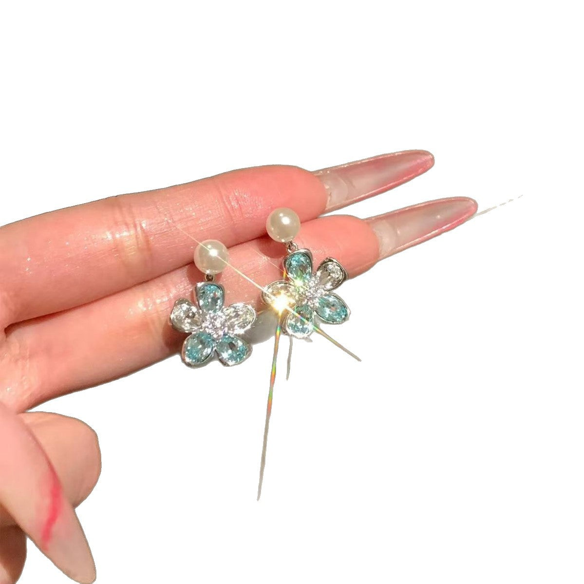Clear Feeling Ice Blue Flower Crystal Pearl Light Luxury Minority Rings