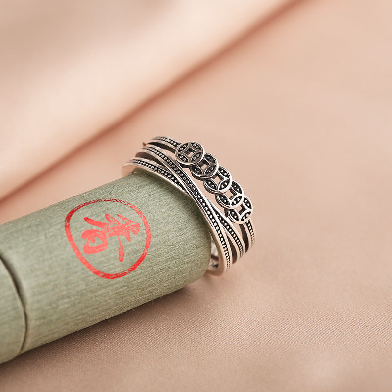 Women's Trendy Style Design Vintage Finger Coin Opening Smart Money Drawing Ring