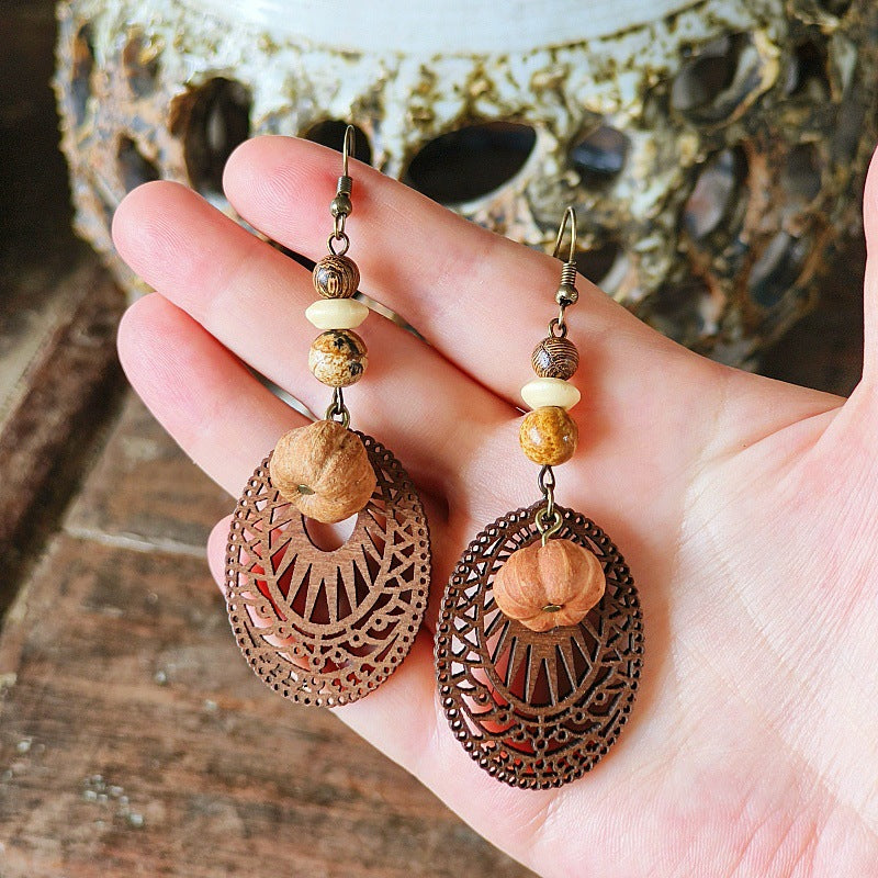 Style Retro Minority Mori Bohemian Indian Wandering Hollow Wood Grain Earrings