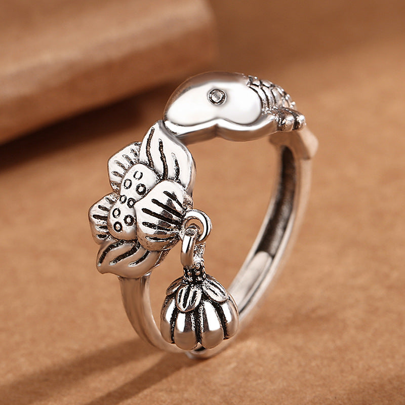 Vintage Thai Sier Lotus Koi Female Personality Carp Ring
