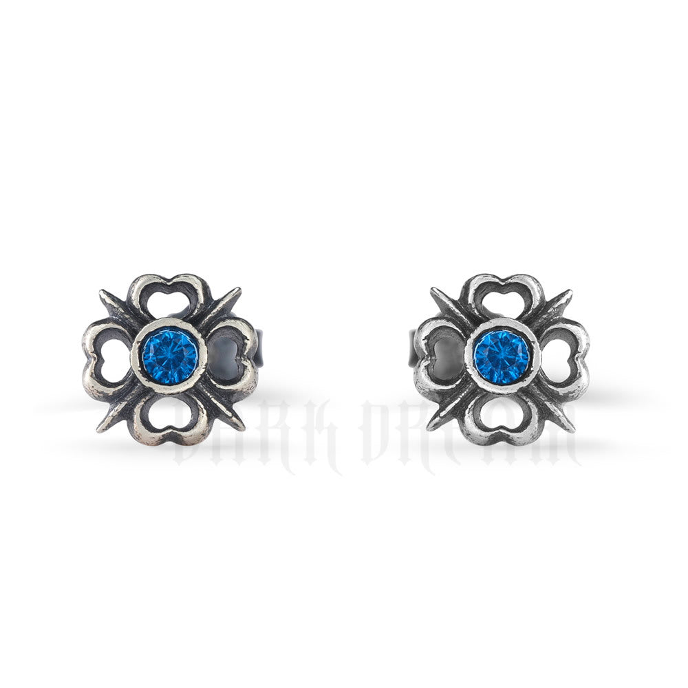 Distressed Sterling Sier Four-leaf Flower Female Blue Pope Cross Rings