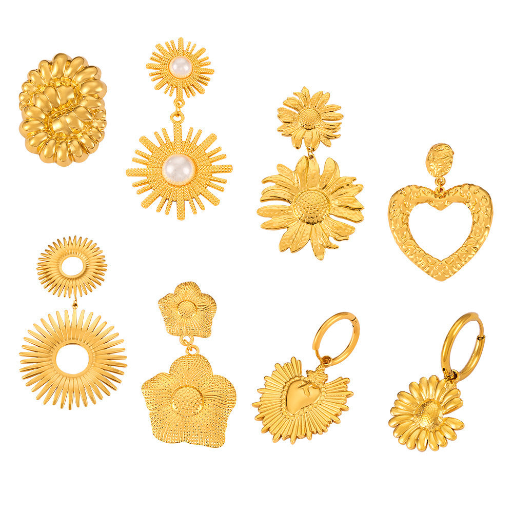 Texture Flower Design Sense Titanium Steel Gold Plated Casual Earrings