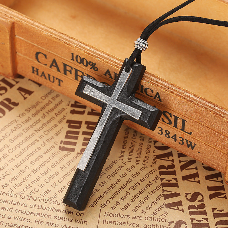 Retro Handmade Alloy Wood Cross Boys Necklace