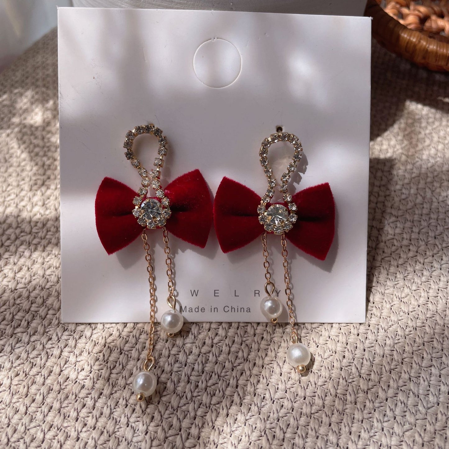 Bridal Red Veet Bow Heart Pearl Toast Earrings