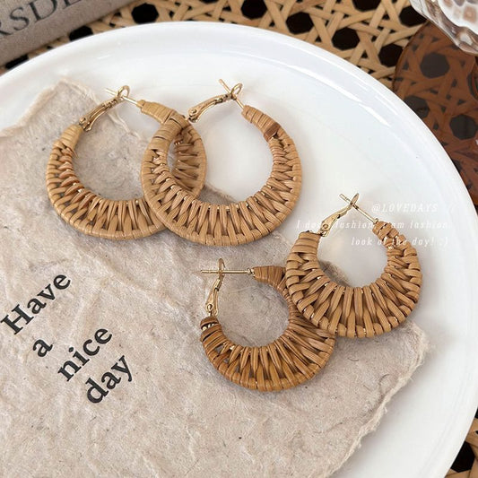 Women's Vacation Style Handmade Straw Woven Rattan For Seaside Graph Matching Earrings