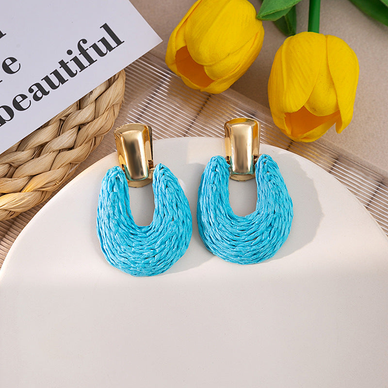 Colorful Raffia Geometric Hollow Circle Solid Color Earrings