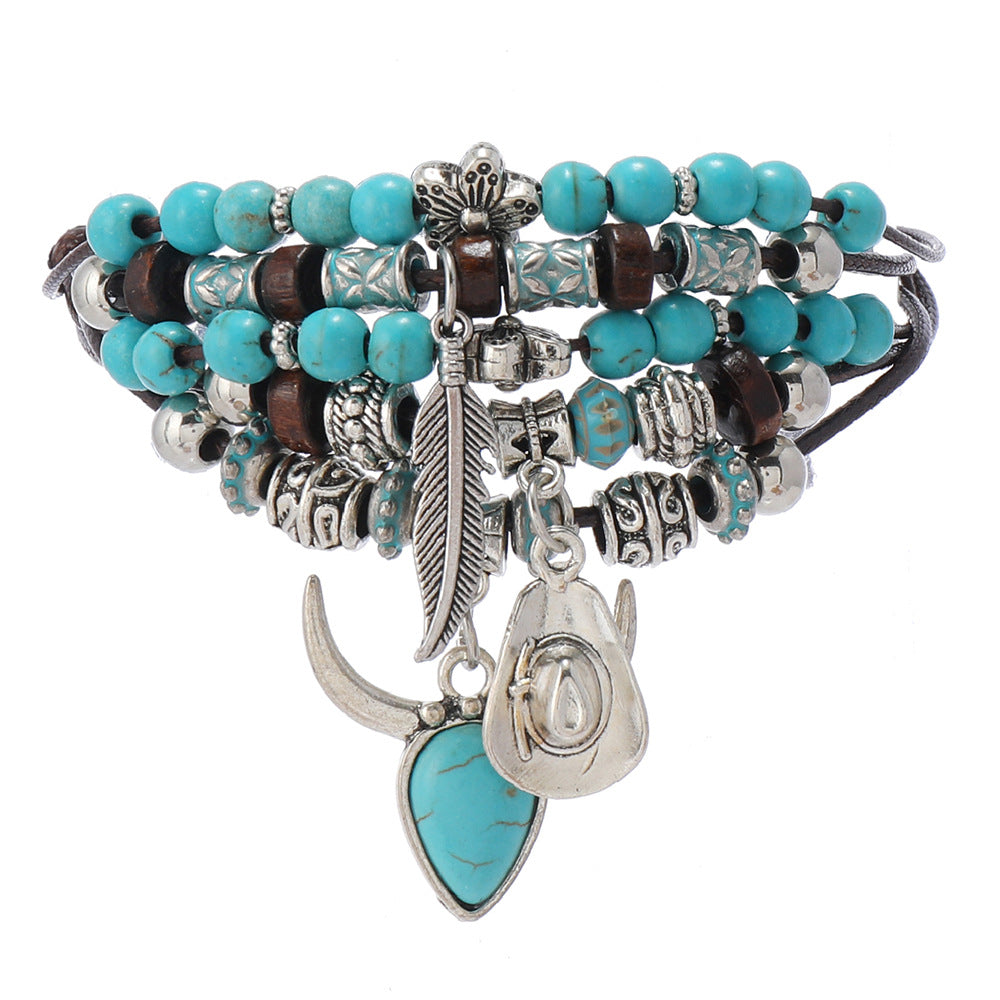 Style Bohemian Turquoise Cow Head Hat Tassel Handmade Bracelets