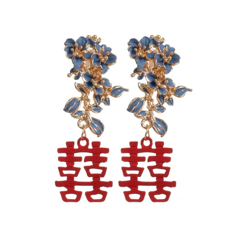 National Fashion Sier Needle Glaze Flowers Double Happy Character Earrings