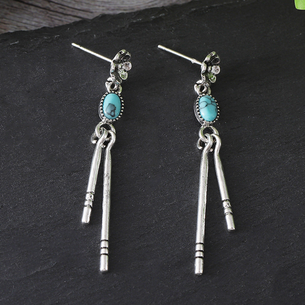 Simple Geometric Turquoise Tassel Vintage Flower Oval Earrings