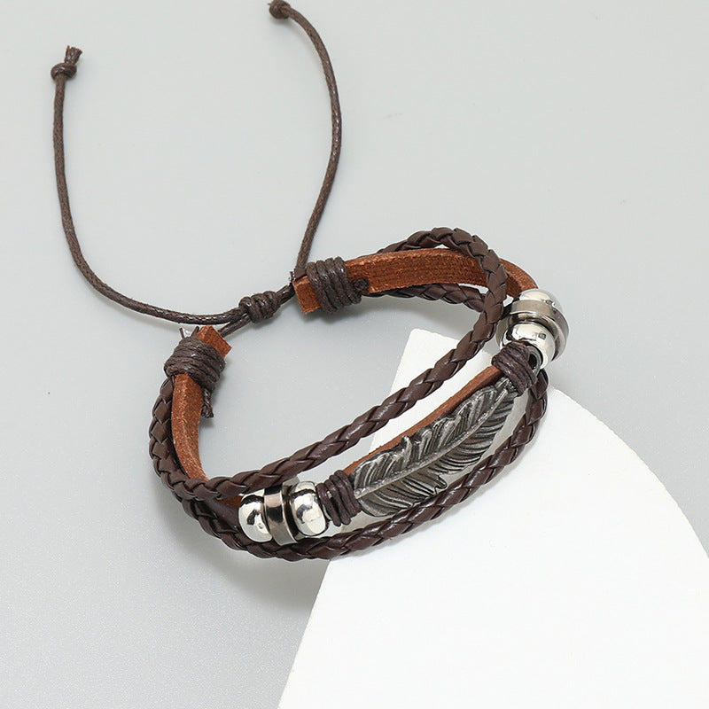 Ornament Simple Alloy Feather Beaded Leather Personality Trend Male Bracelets