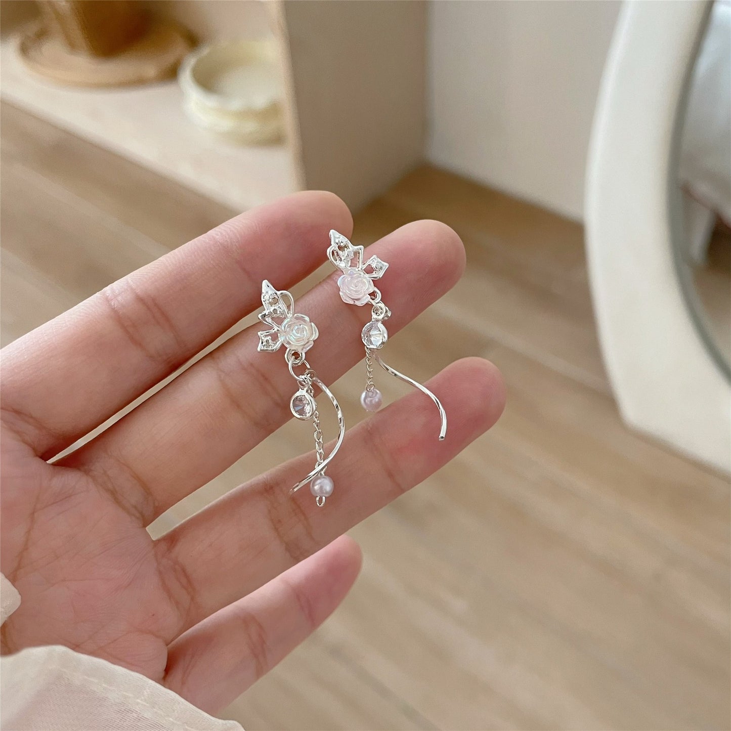 Women's Cold Feeling Peach Pink Roses Butterfly Spring Tassel Unique Stud Earrings
