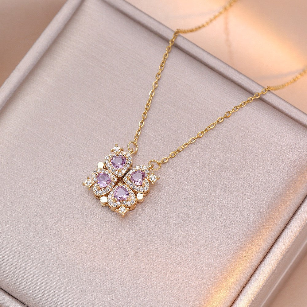 Women's Steel Cross Chain Open Close Four-leaf Flower Necklace
