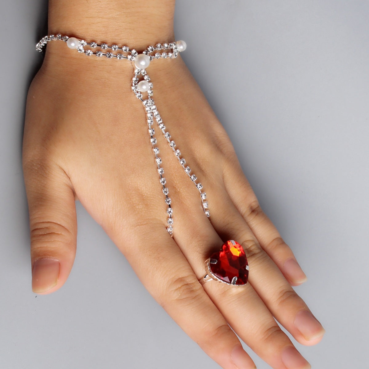 Rhinestone Peach Heart Bridal Jewelry Finger Bracelets