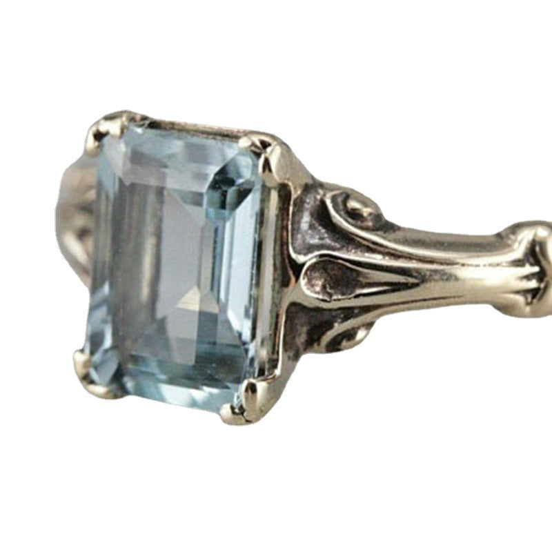 Classic Square Navy Blue Topaz Female Ancient Sier-plated Rings
