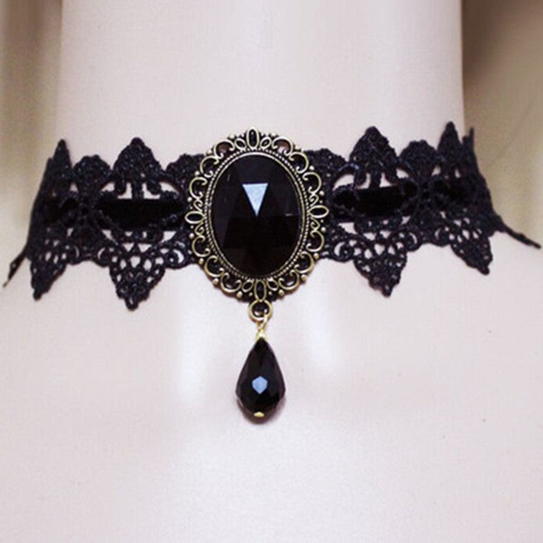 Lace Gothic Choker Rhinestone Black Halloween Necklace