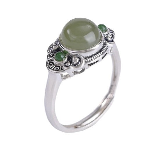 Women's Natural Jade Thai Sier Sunny Water Jasper Round Return Pattern Rings
