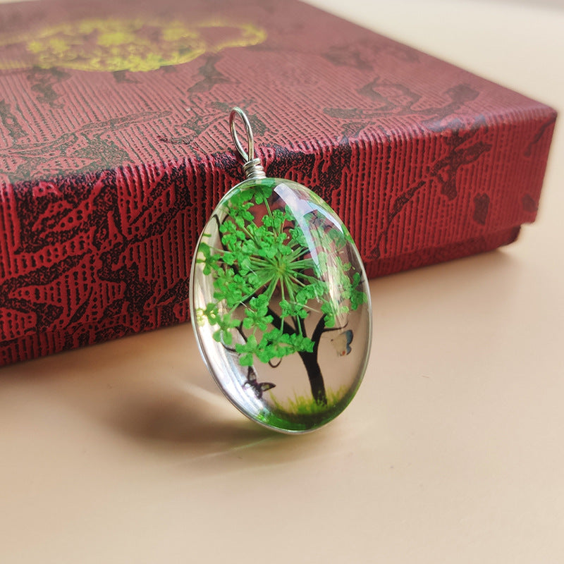 Tree Preserved Fresh Flower Artificial Crystal Oval Starry Sky Plant Necklace
