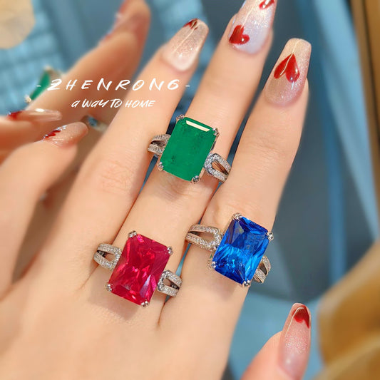 Women's Emerald With Simple Cold Diamond Red Corundum Blue Ring
