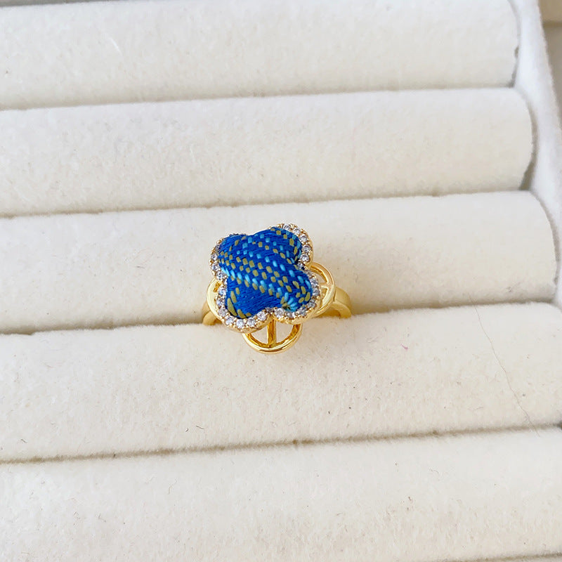 Style Song Dynasty Brocade Clover Rotatable Finished Delicate Rhinestone Copper Rings