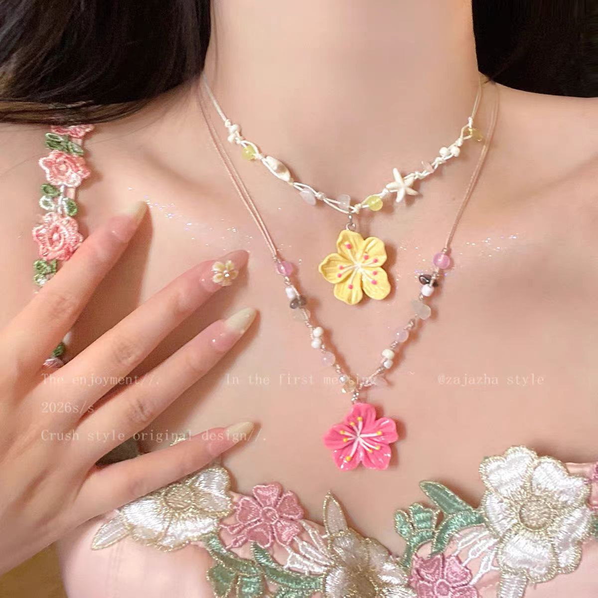 Sweet Colorful Flower Beaded Female Summer Dopamine Niche Atmosphere Clavicle Necklace