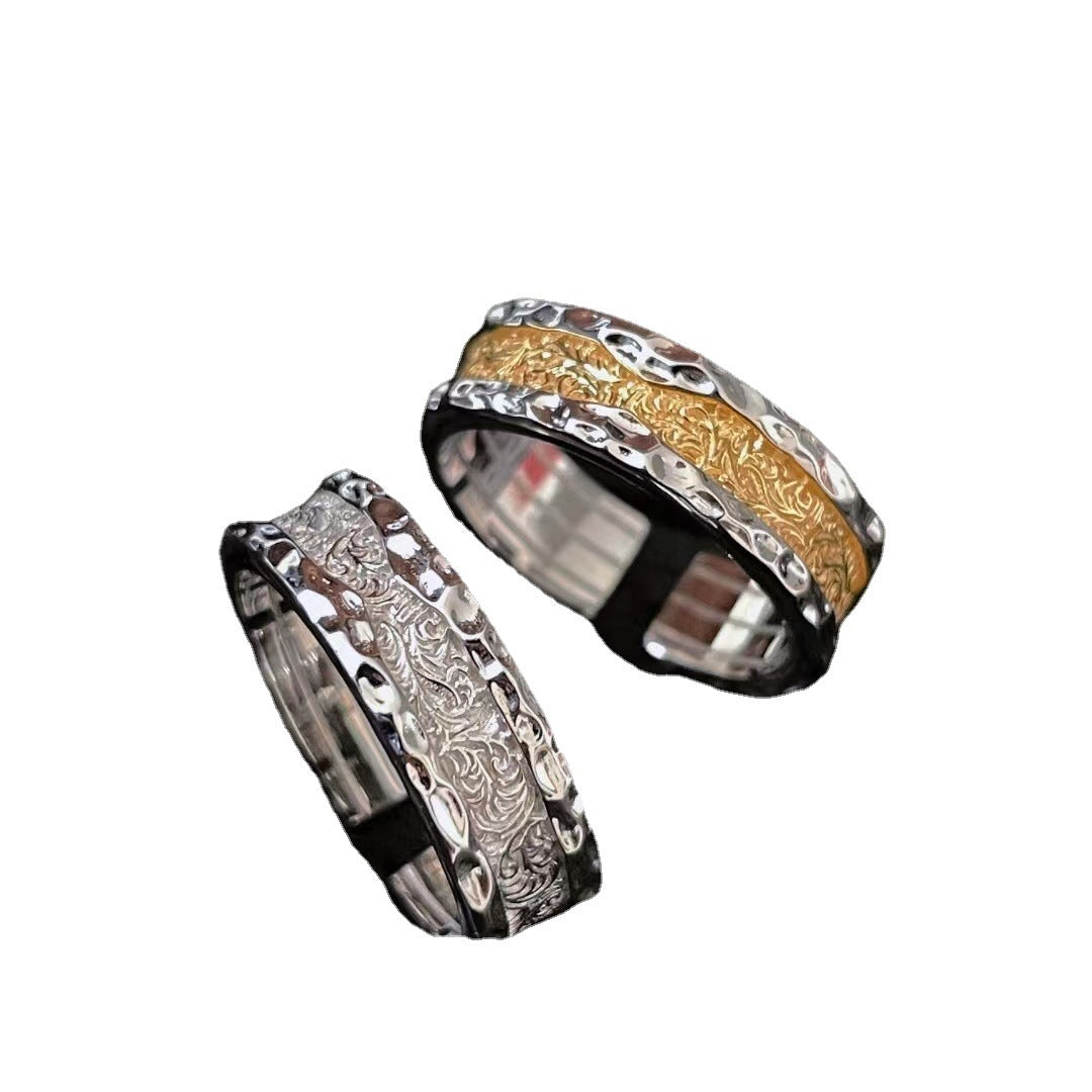 Women's & Men's Chiba Niche Design Pattern Female Carved Two-color Gold Color Rings