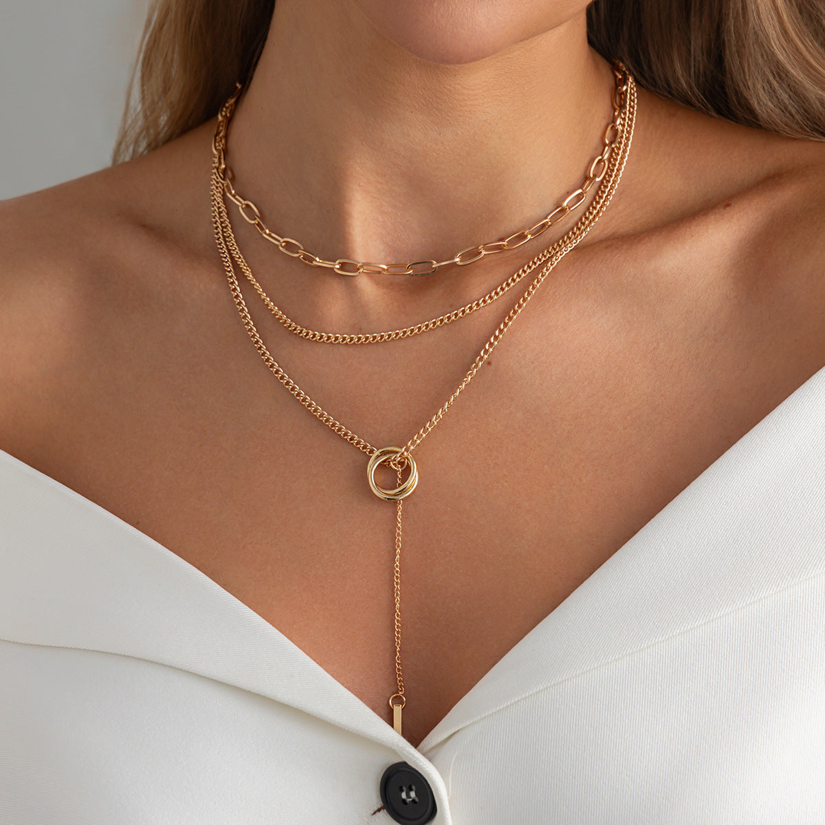 Women's Fashion Commuter Geometric Double Twin Personality Metal Flat Stick Necklace