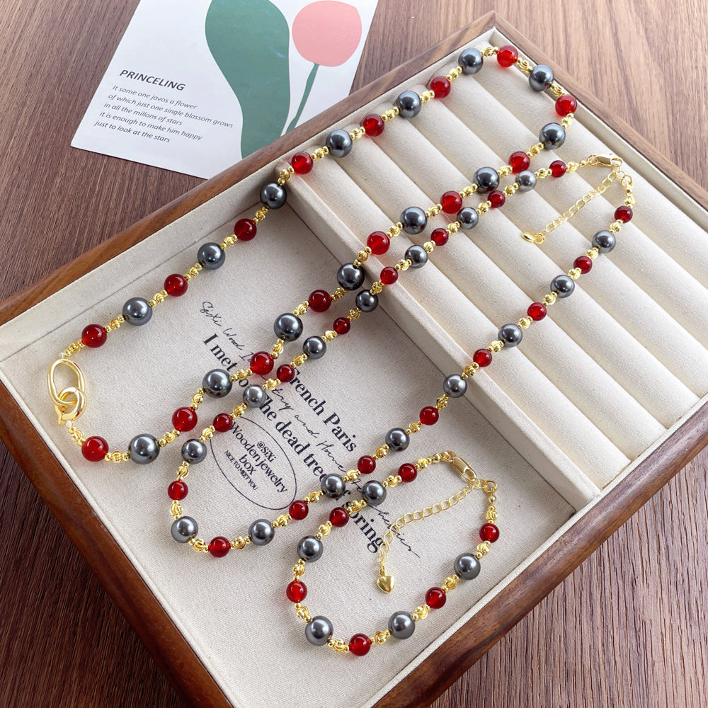 Natural Red Agate Beaded Pearl Sweater Necklaces