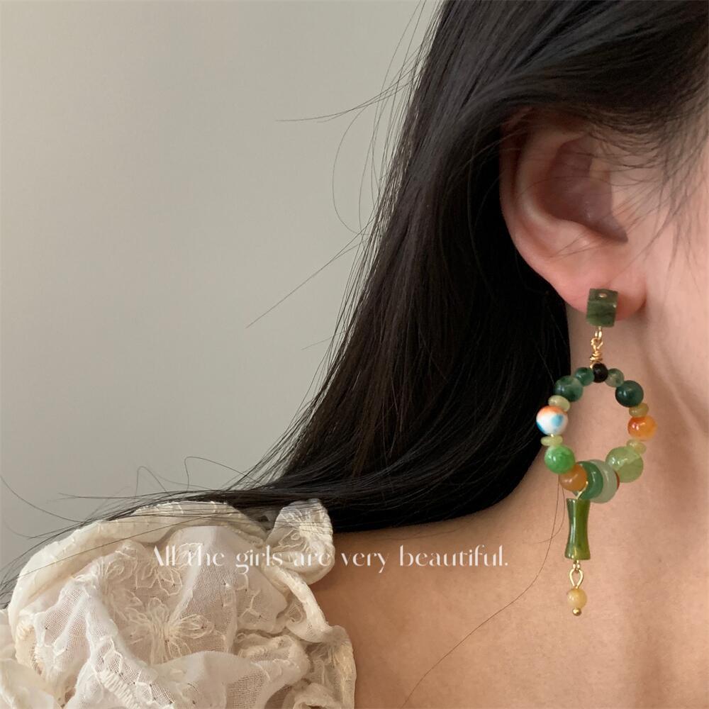 Chinese Style Natural Stone Beaded Asymmetric Mori Artistic Retro Earrings