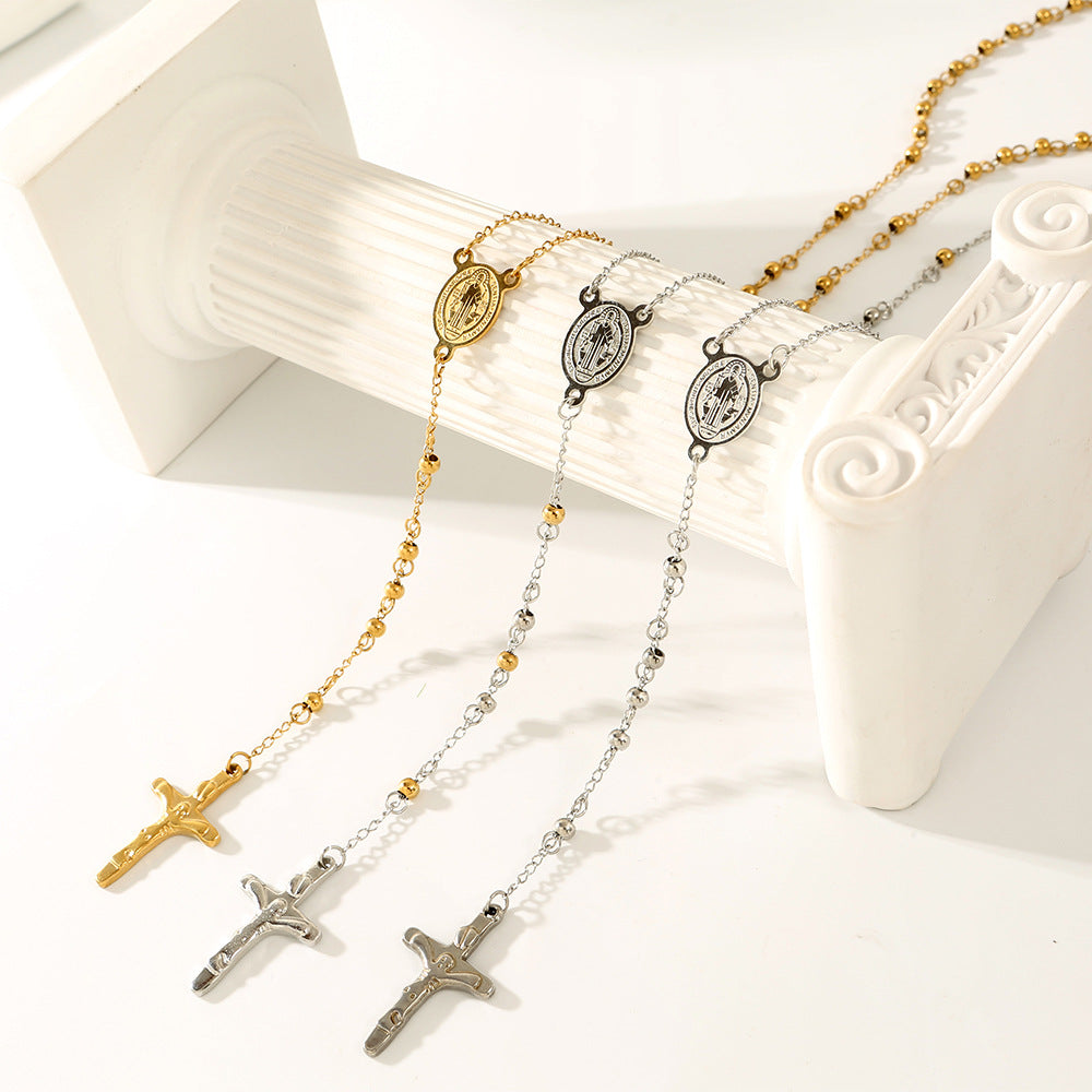 Round Beads Three-color Cross Virgin Lady Fashion Necklace