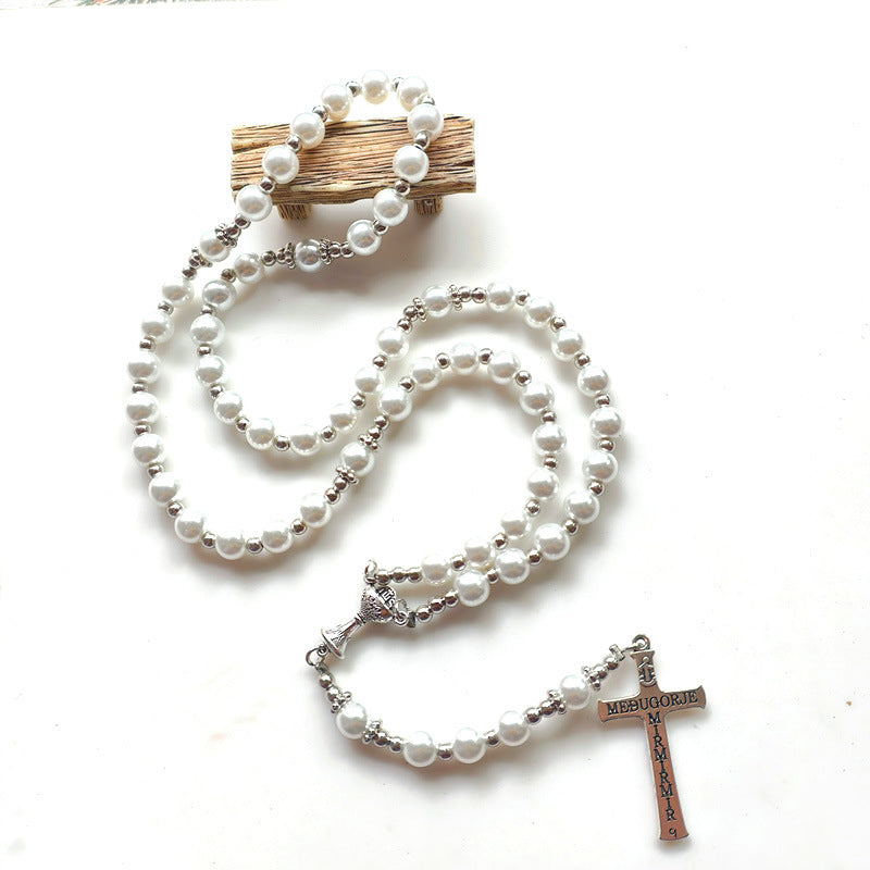Glass Pearl Handmade Beaded Cross Long Necklaces