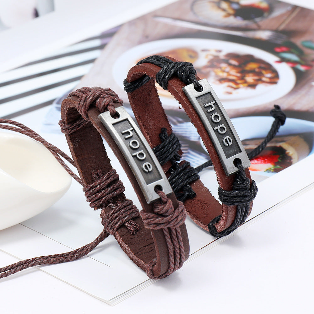Men's Cattle Leather Alloy Woven Hand Strap Bracelet