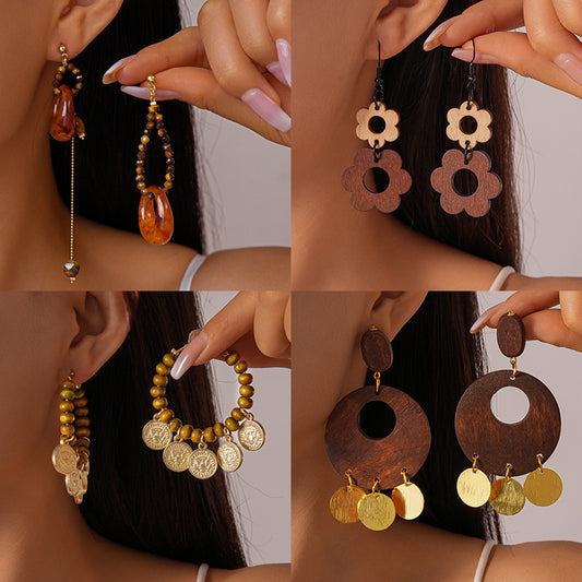 Chinese Style Coffee Color Wooden Bead Light Luxury High-grade Mori Rings
