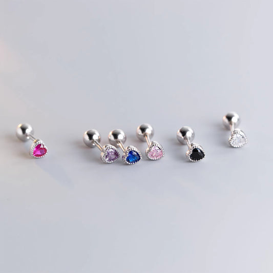 Women's Sterling Sier Screw Tightening Buckle Colorful Crystals Love Ear Bone Stud Earrings
