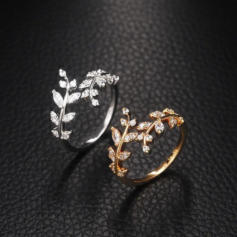 Women's & Men's Leaf Copper Inlaid Zircon Opening Adjustable Size Cold Wind Rings