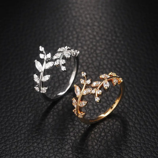 Women's & Men's Leaf Copper Inlaid Zircon Opening Adjustable Size Cold Wind Rings