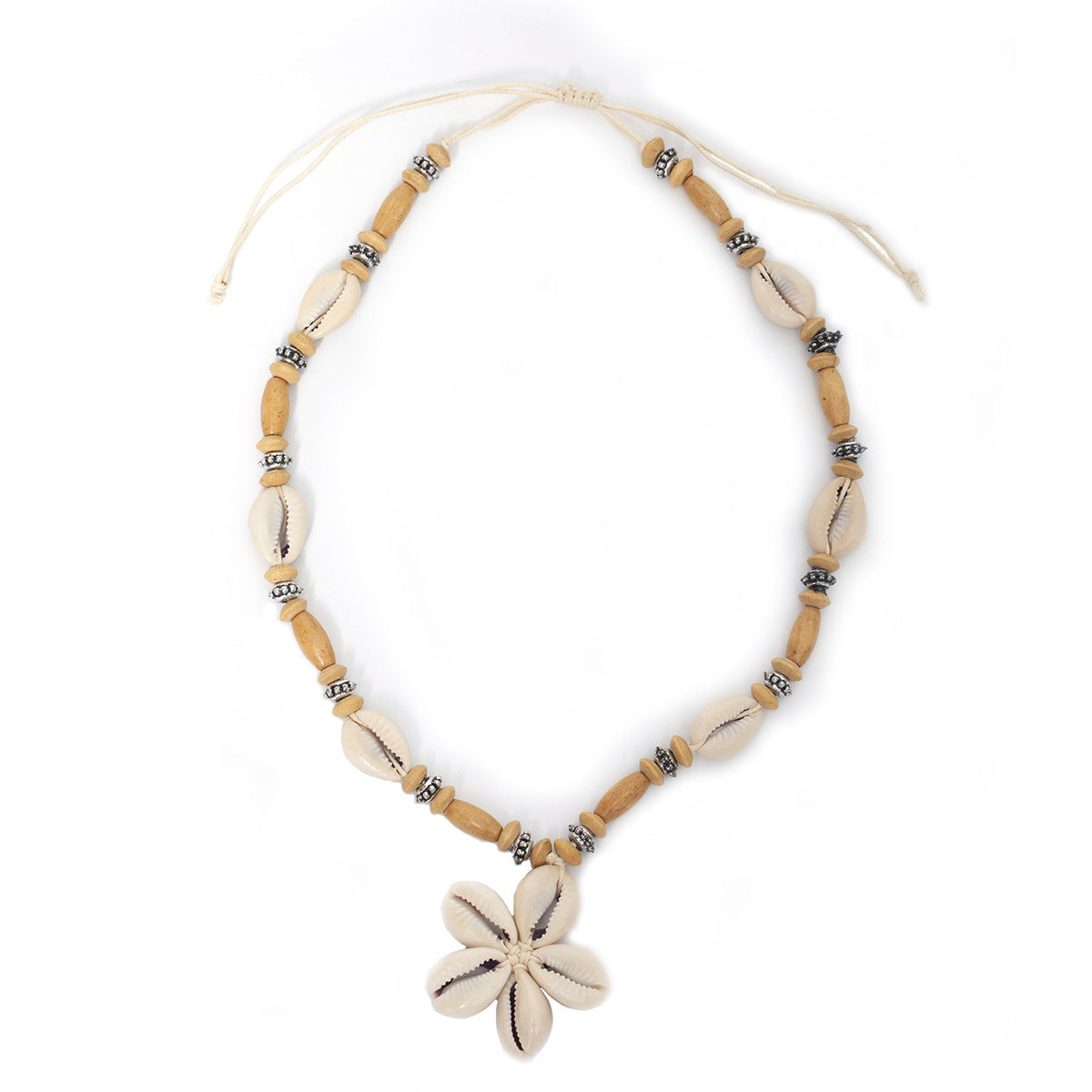 Women's Unique Design Ethnic Style Bohemian Shell Rope Knitted Handmade Wooden Necklace