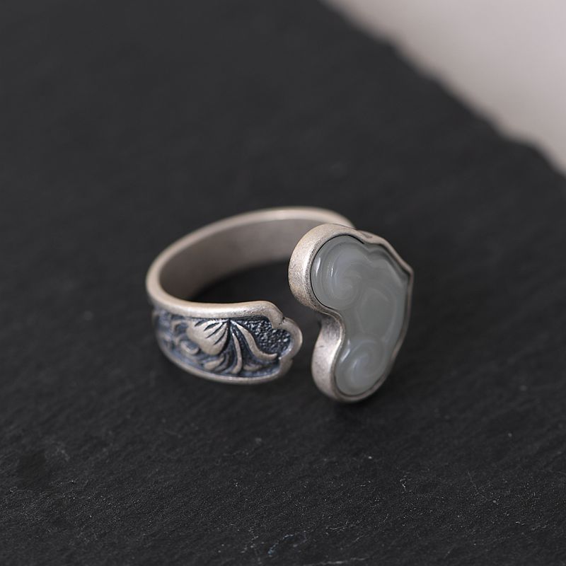 Women's Sterling Sier Handmade Retro Exaggerated Ethnic Style Jade Index Rings