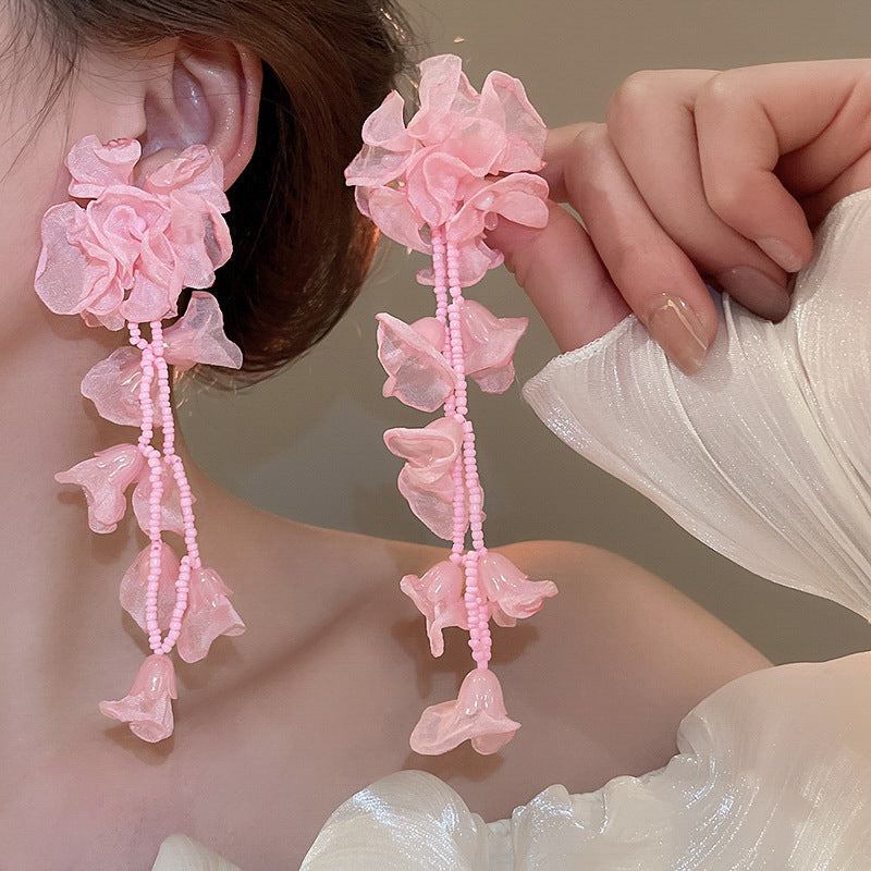 Dopamine Vacation Style Sier Needle Bead Flower Delicate Indie Earrings