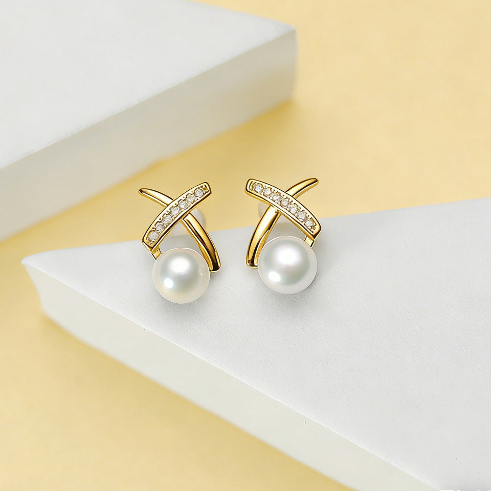 Natural Freshwater Pearl Ear X-shaped Cross Line Stud Earrings