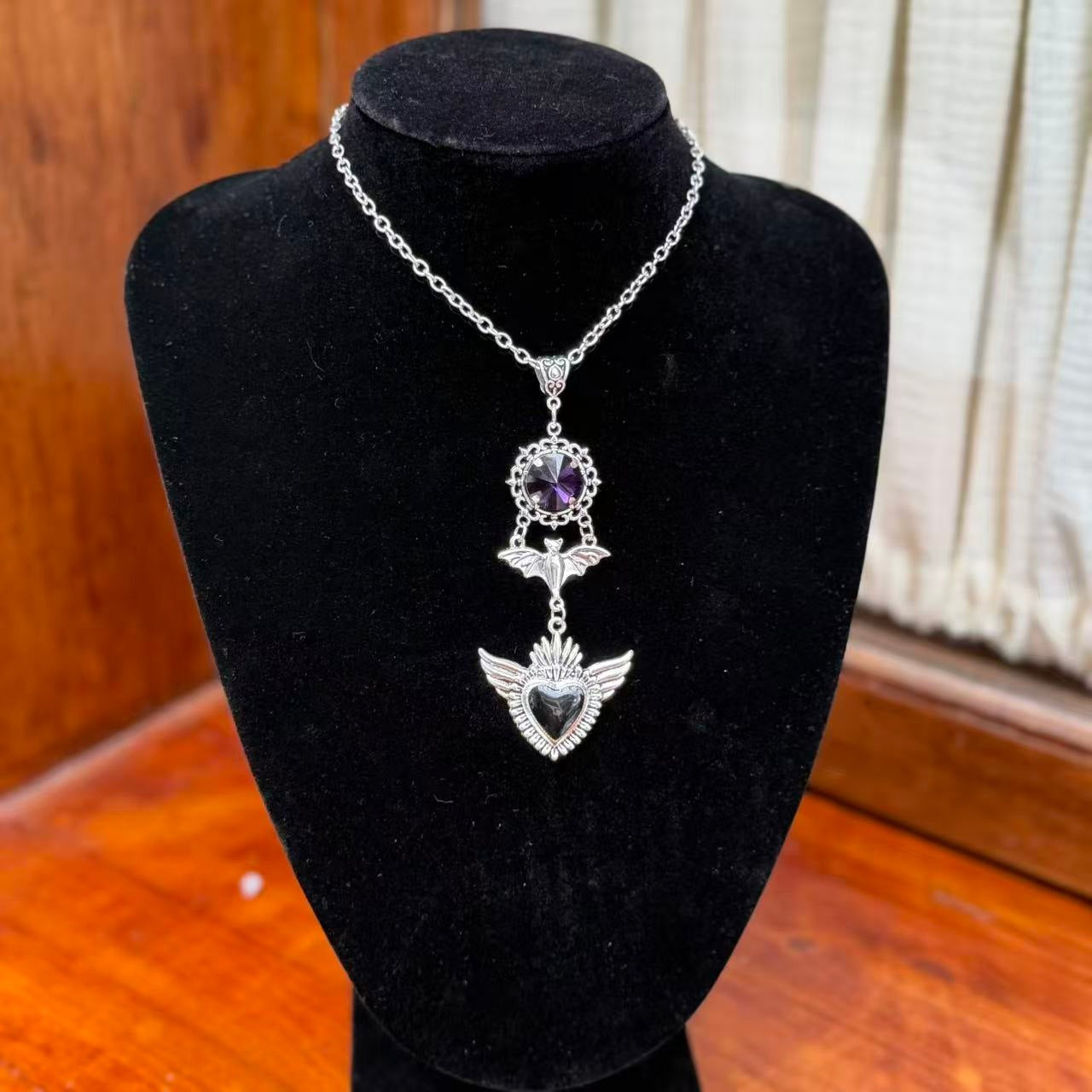 Dark Retro Black Love Wings Purple Gem Necklace